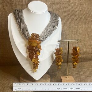 Raw Baltic amber and linen necklace and matching earrings.